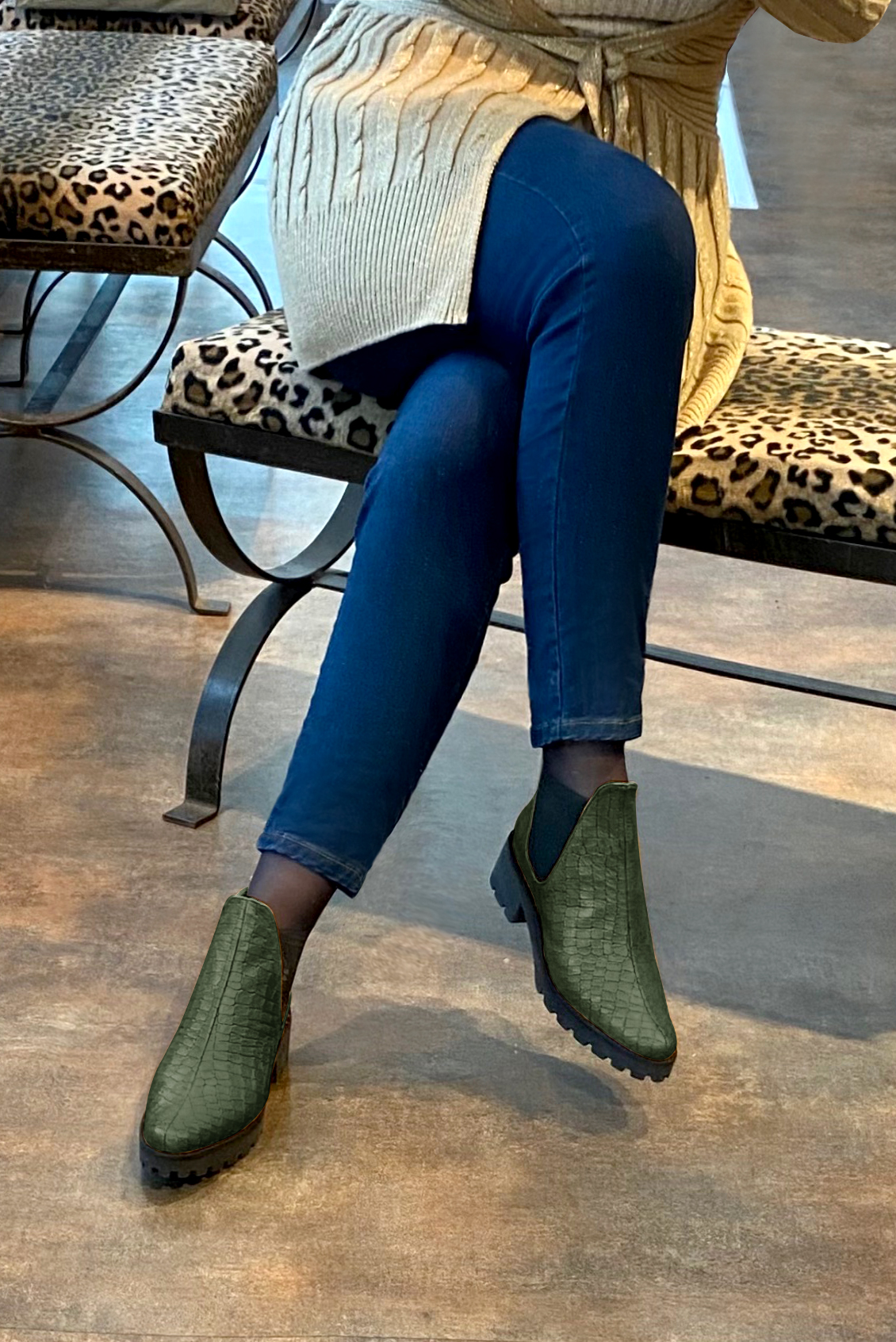 Forest green and matt black women's ankle boots, with elastics. Round toe. Low rubber soles. Worn view - Florence KOOIJMAN
